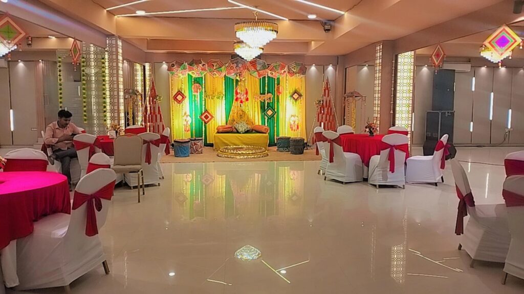 Banquet hall decorated for a mehndi function at Hotel Golf View Sakura & Suites, Golf Course Road
